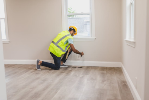 A professional pest control technician inspecting a home interior